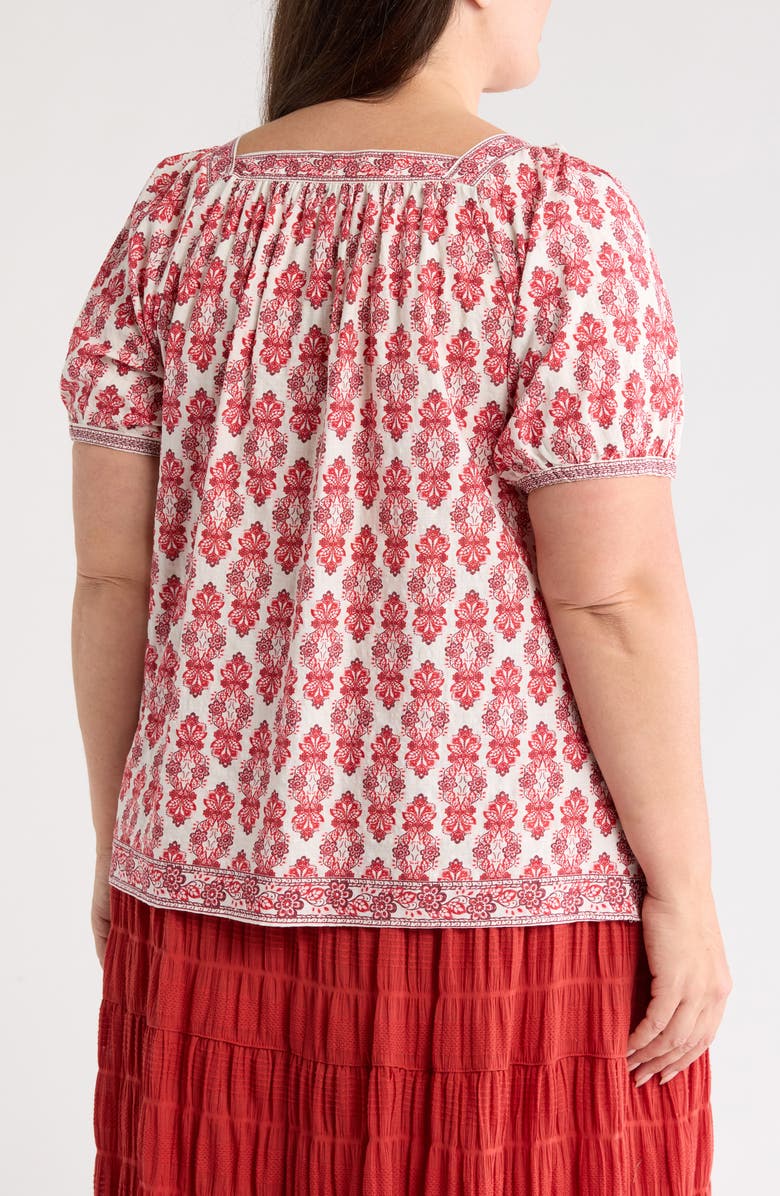 MAX STUDIO Square Neck Puff Sleeve Cotton Blend Top, Alternate, color, Red/ Cream Damask Allure