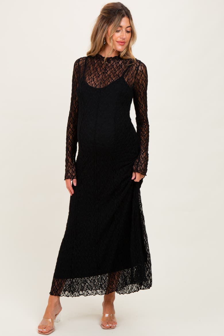Lace Mock Neck Long Sleeve Maxi Dress, Alternate, color, Black