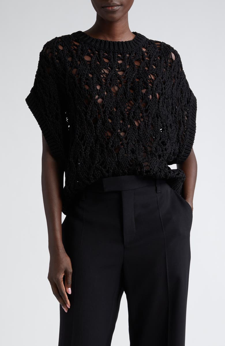 Brunello Cucinelli Open Cable Stitch Short Sleeve Sweater, Main, color, 