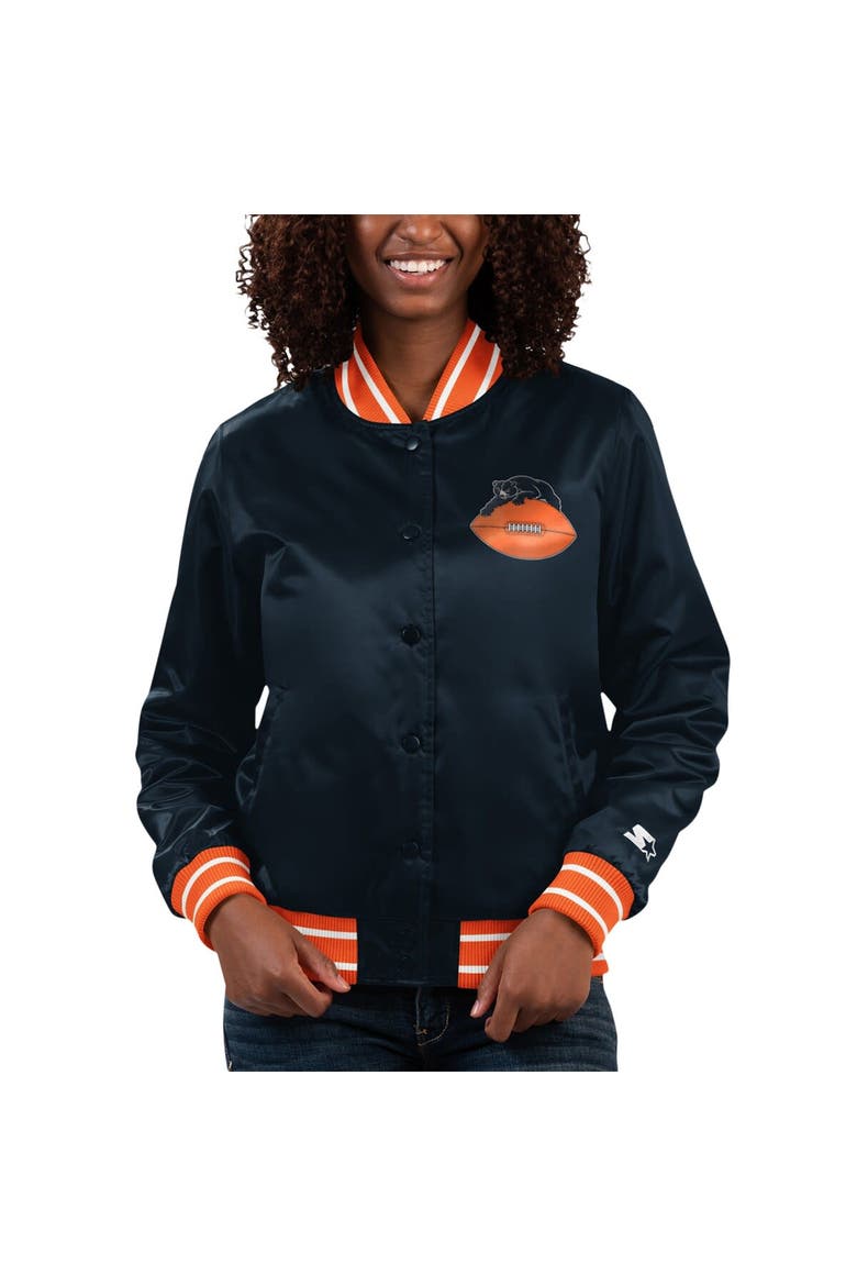 Women's Starter Navy Chicago Bears Full Count Satin Full-Snap Varsity Jacket, Alternate, color, Navy