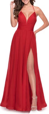 La Femme Long Chiffon Prom Dress with Unique Lace Up Back