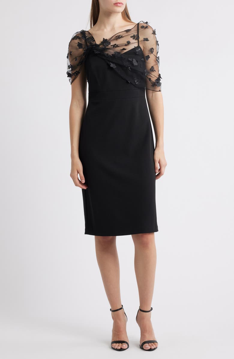 Eliza J Floral Beaded Appliqué Mesh Overlay Cocktail Dress, Main, color, Black