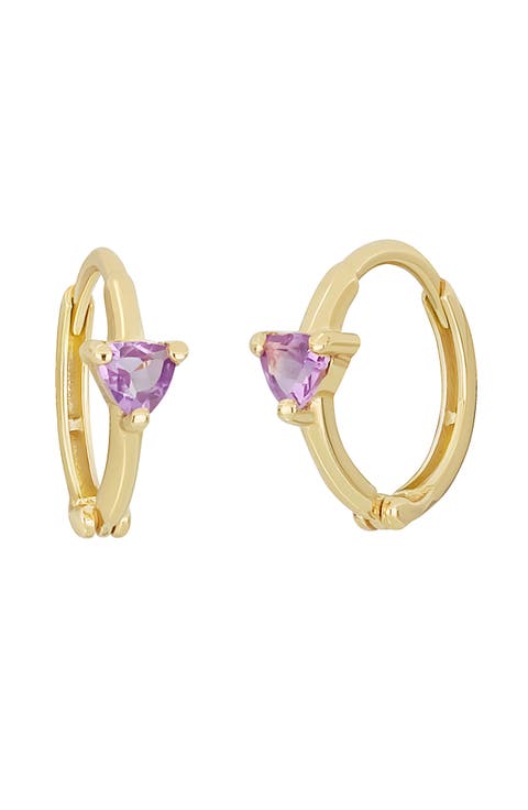 14K Yellow Gold Amethyst Huggie Hoop Earrings
