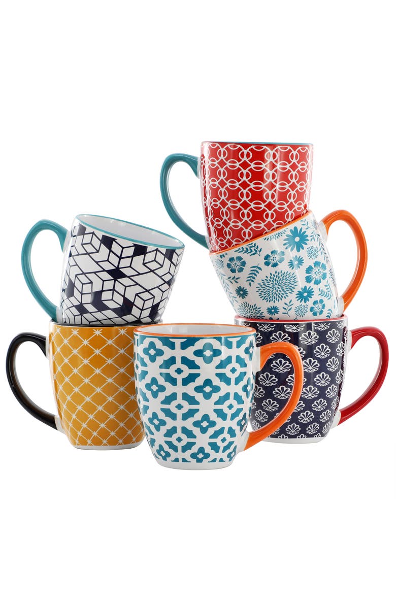 Elama Rory 6 Piece 16 Ounce Assorted Design Stoneware Mug Set, Main, color, Assorted