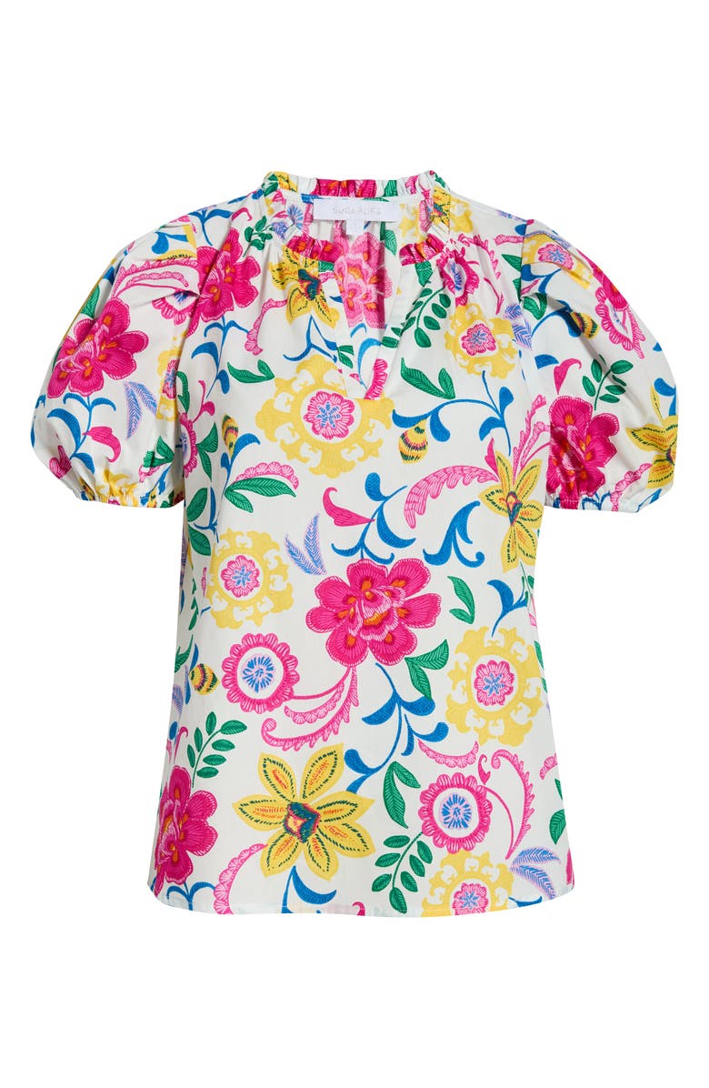 SUGARLIPS Punta Alta Berisa Split Neck Puff Sleeve Cotton Top, Alternate, color, White Multi