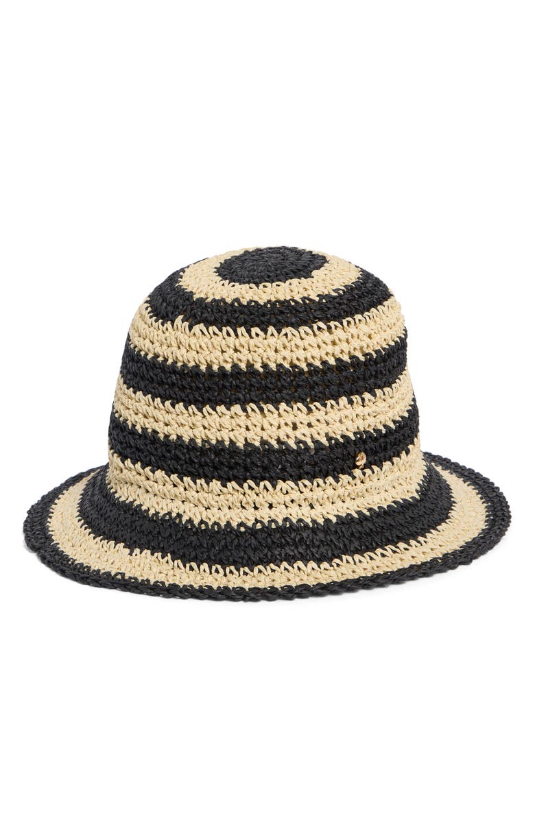 Kate Spade New York awning stripe straw cloche, Alternate, color, Natural/ Black 102
