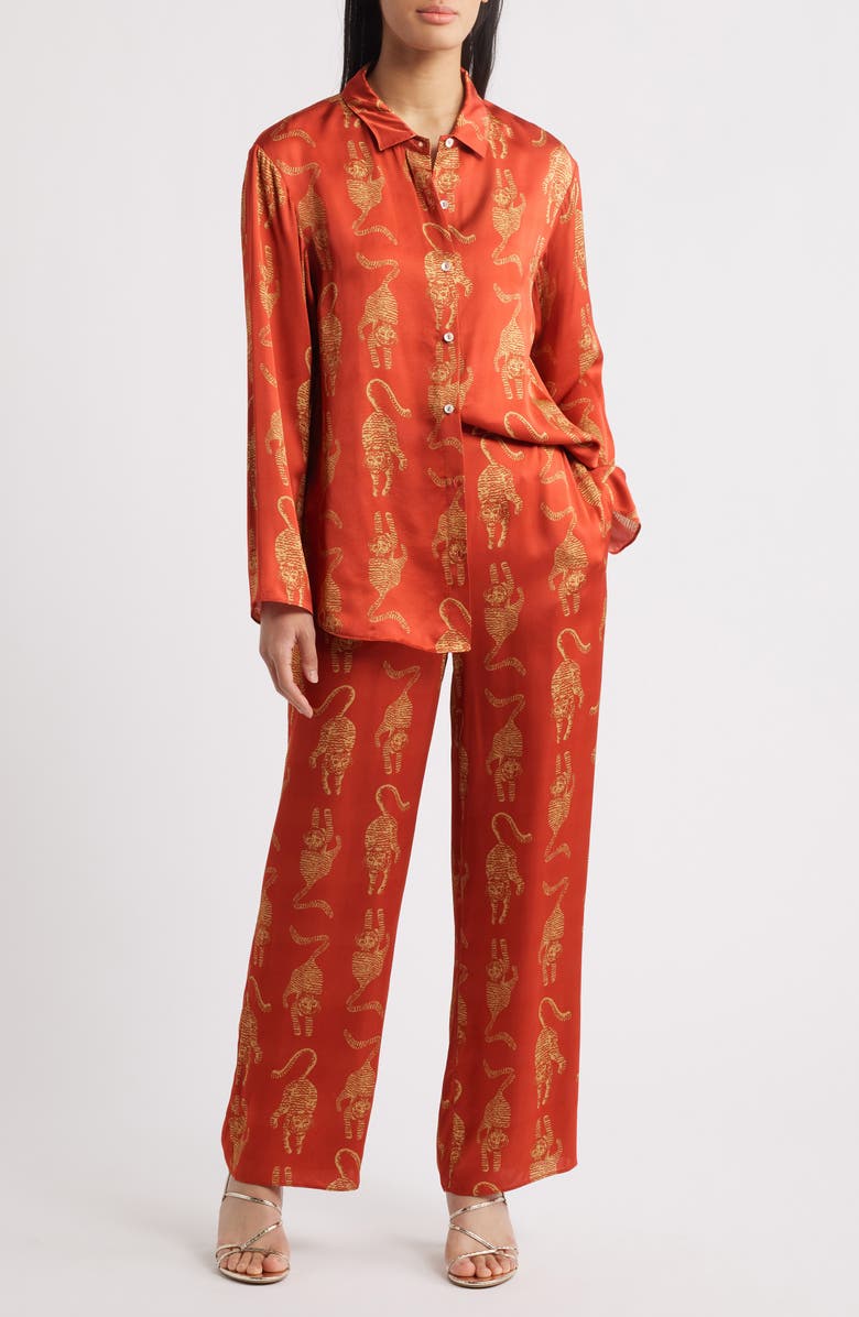 Sani Sher Tiger Print Button-Up Shirt & Pants Set, Main, color, Crimson Tiger