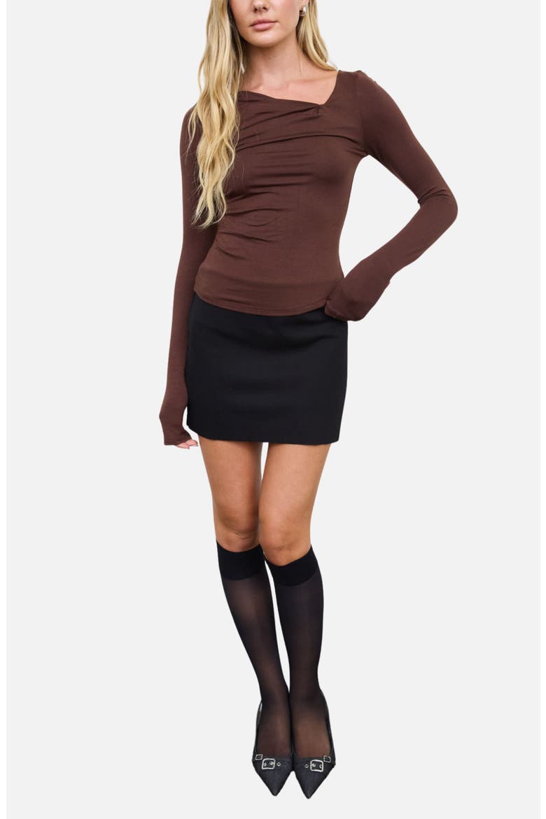 Asymmetrical Neck Ruched Long Sleeve Knit Top, Alternate, color, CHOCOLATE