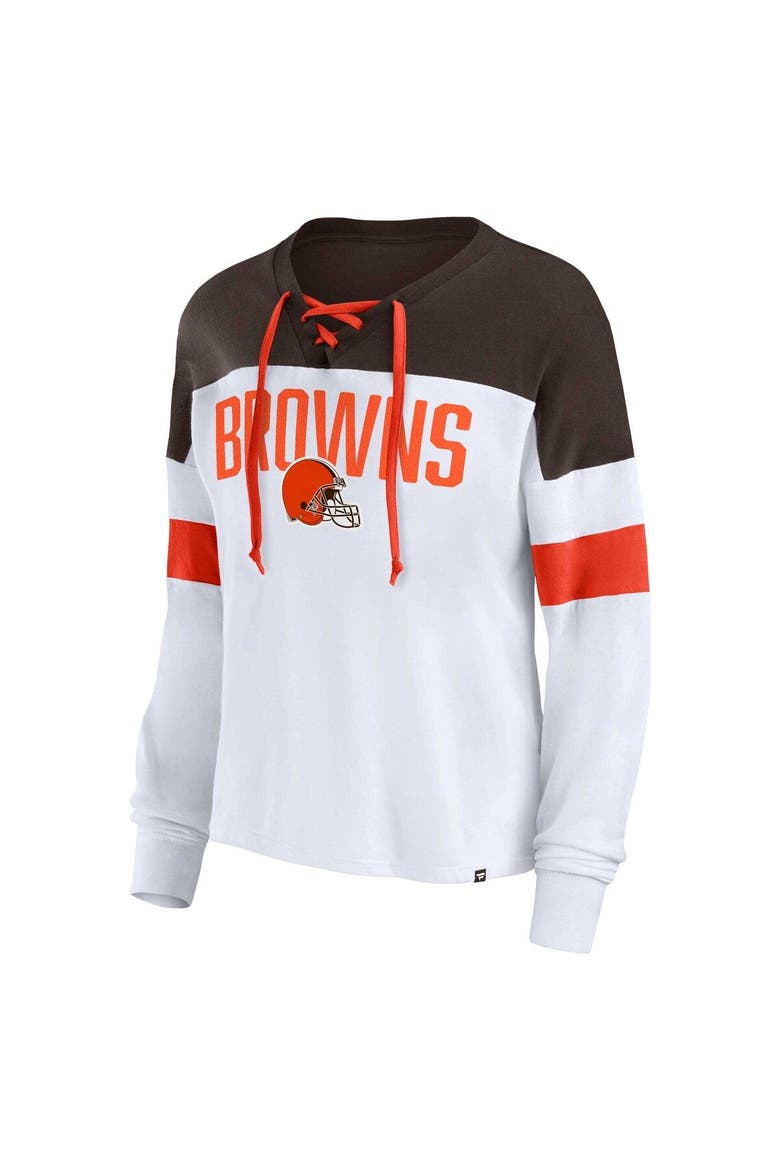 Women's Fanatics Branded White/Brown Cleveland Browns Plus Size Even Match Lace-Up Long Sleeve V-Neck Top, Alternate, color, White