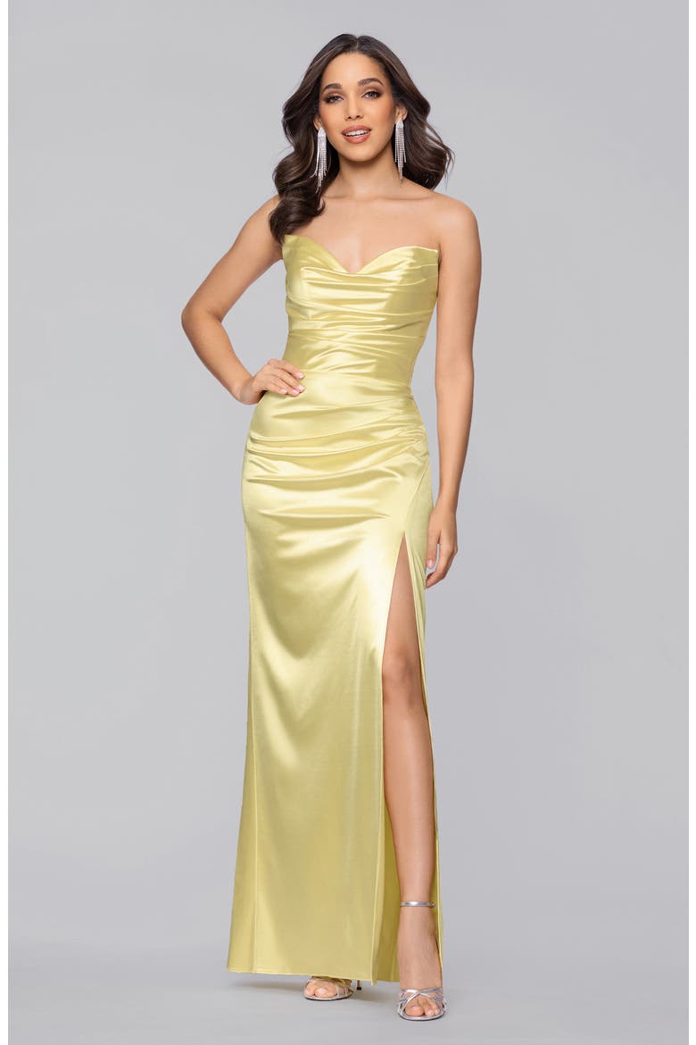Glam Ruched Strapless Satin Gown, Alternate, color, YELLOW