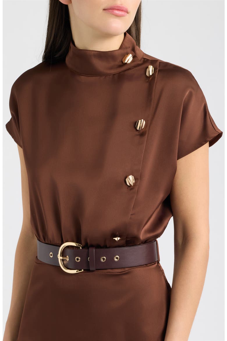 Belted Mock Neck Satin Midi Dress, Alternate, color, BROWN