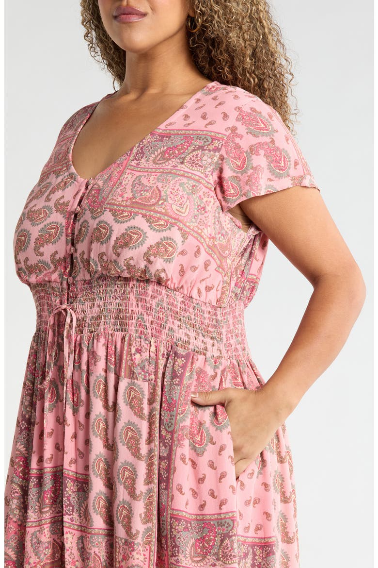 Smocked Waist Maxi Dress, Alternate, color, PINK- OLIVE PATCHWORK PAISLEY