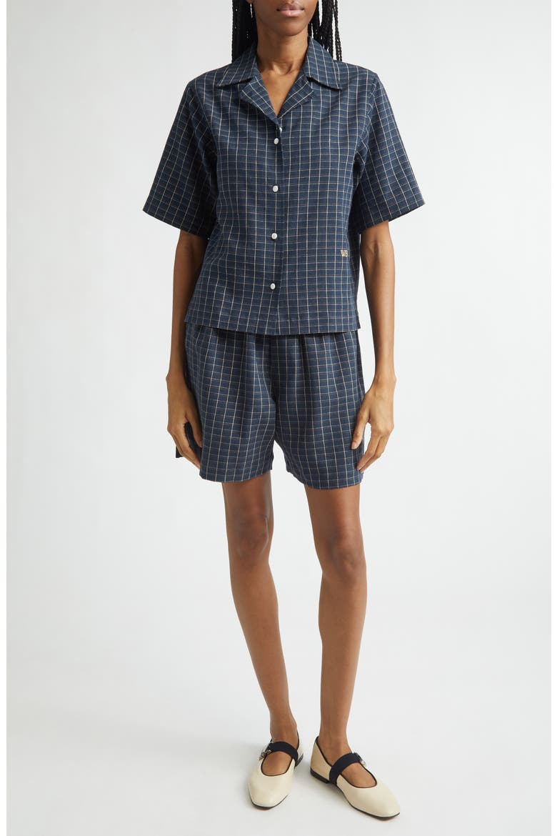 London Windowpane Check Stretch Linen Bowling Shirt, Alternate, color, NAVY / IVORY / RUST