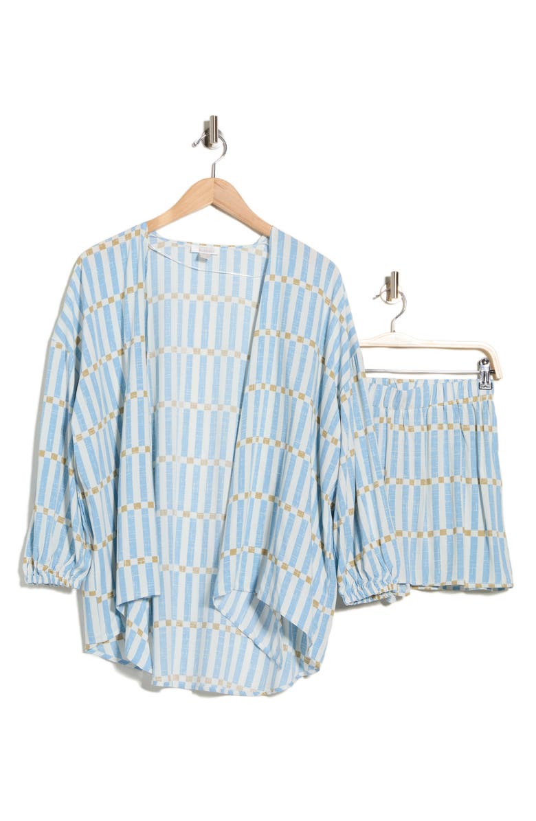 NORDSTROM RACK Flowy Beach Cover-Up Cardigan & Shorts Set, Main, color, Blue Stripe Tan Check