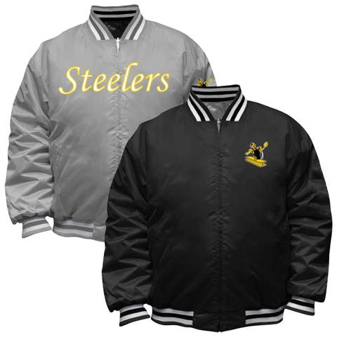 Men's Mitchell & Ness Black/Silver Pittsburgh Steelers Big & Tall Throwback Reversible Full-Zip Jacket