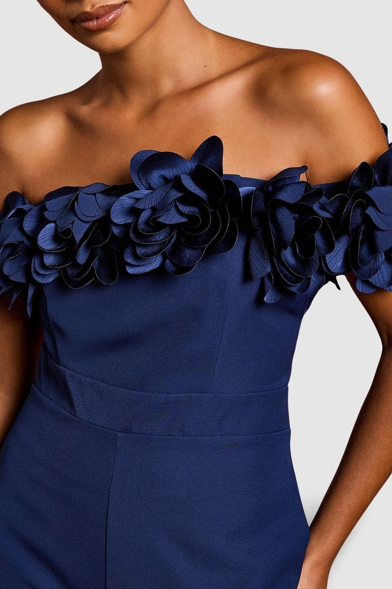 Petite 3D Flower Bardot Jumpsuit, Alternate, color, Navy
