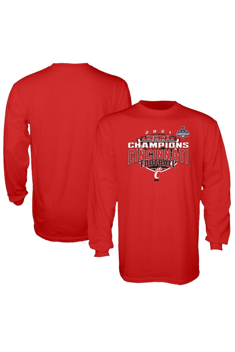 Men's Blue 84 Red Cincinnati Bearcats 2021 AAC Football Conference Champions Locker Room Long Sleeve T-Shirt, Main, color, Red