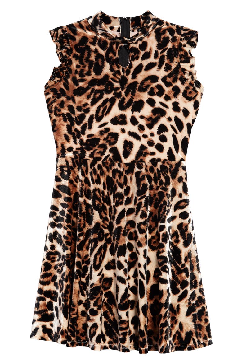 Kids' Leopard Print Velvet Skater Dress, Main, color, BROWN