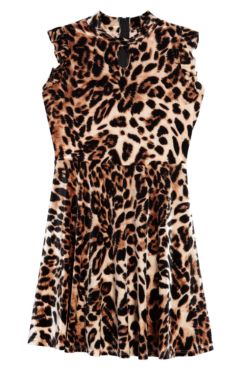 Ava & Yelly Kids' Leopard Print Velvet Skater Dress, Main, color, Brown