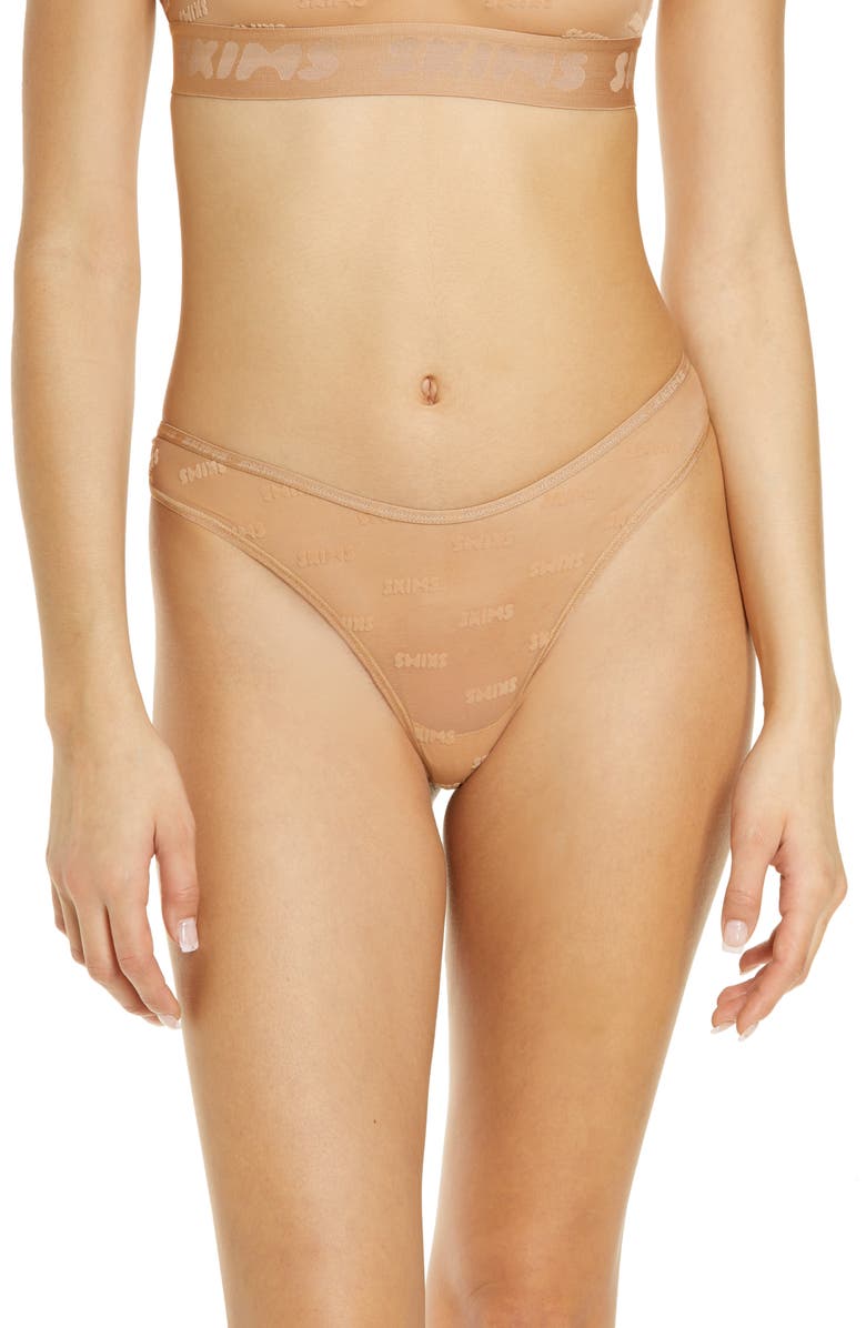 SKIMS Flocked Logo Mesh G-String Thong, Main, color, Ochre