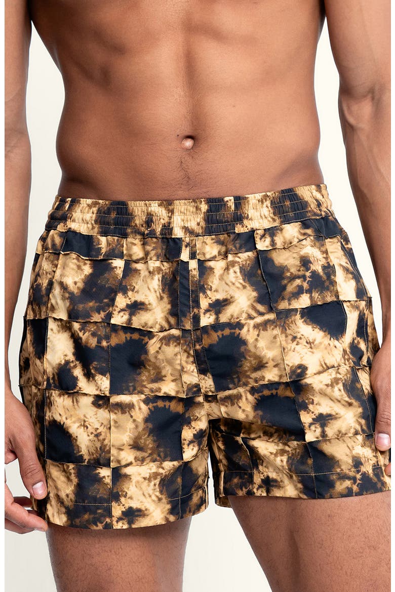 Sebastian Grid Pintuck 4-Inch Nylon Swim Trunks, Main, color, MOLINO/ BROWN
