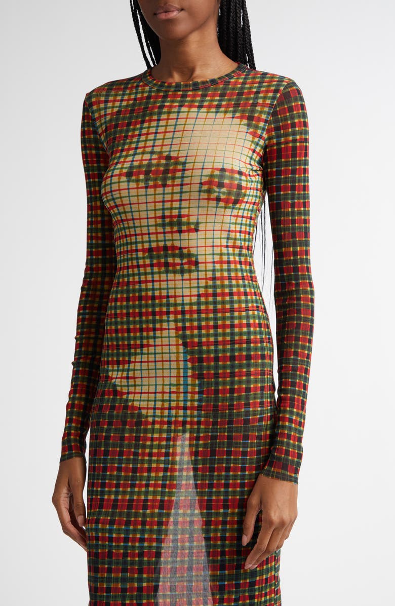 Jean Paul Gaultier Portrait Print Tartan Long Sleeve Mesh Dress, Alternate, color, 