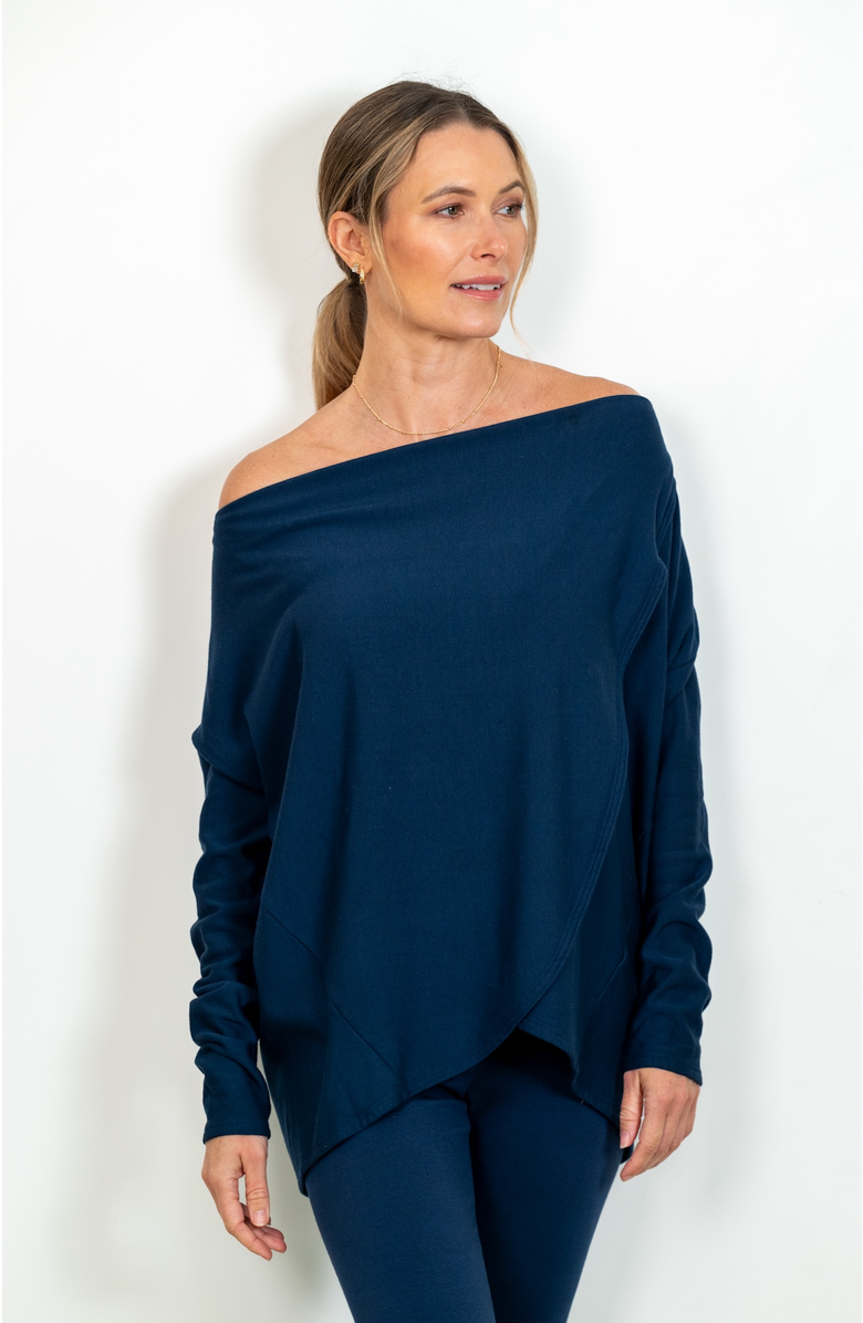 JJwinks Sweater Weather Built-In Shelf Off-The-Shoulder Fleece Long Sleeve Top, Alternate, color, Navy