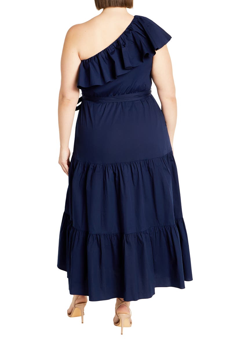 Kiama Ruffle One-Shoulder Tie Belt Tiered Stretch Cotton Dress, Alternate, color, NAVY