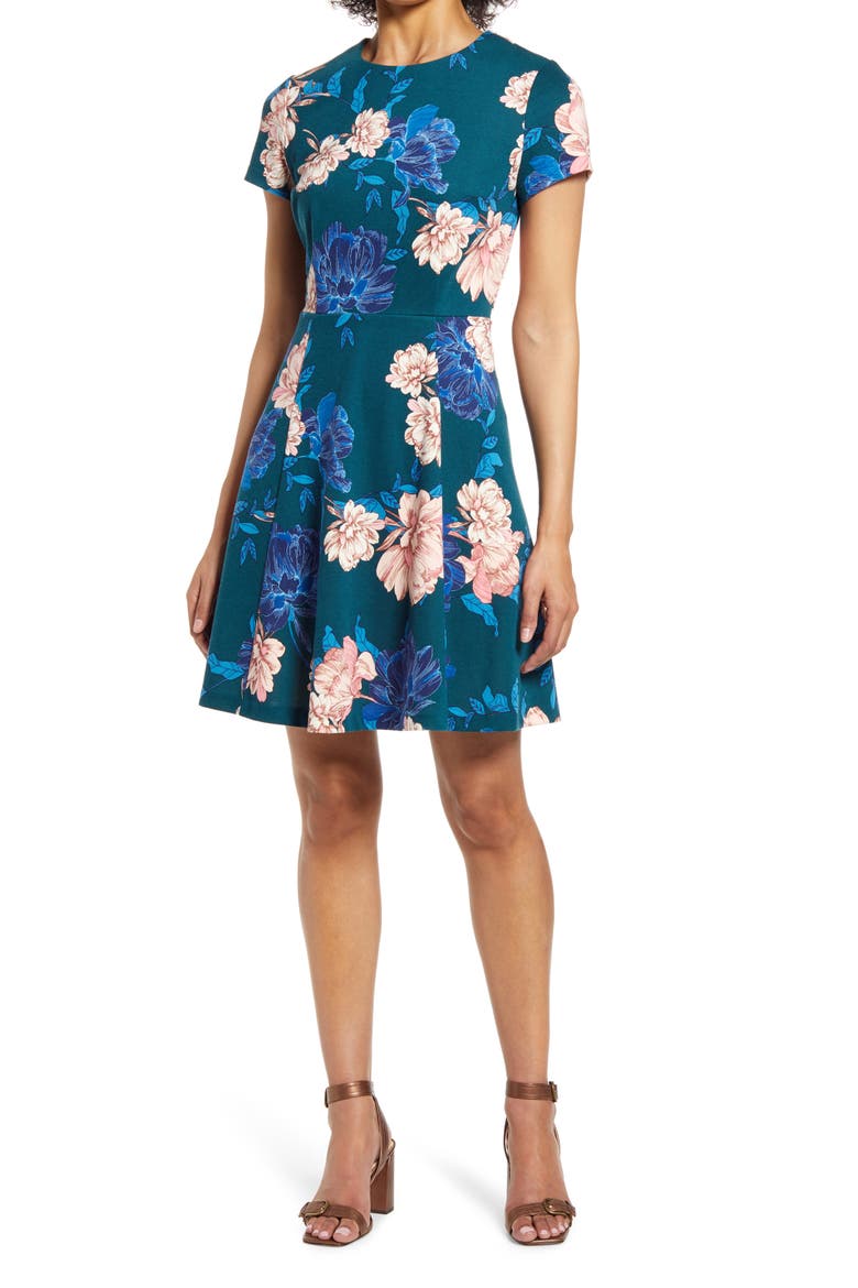 Floral Scuba Crepe A-Line Dress, Main, color, PINE