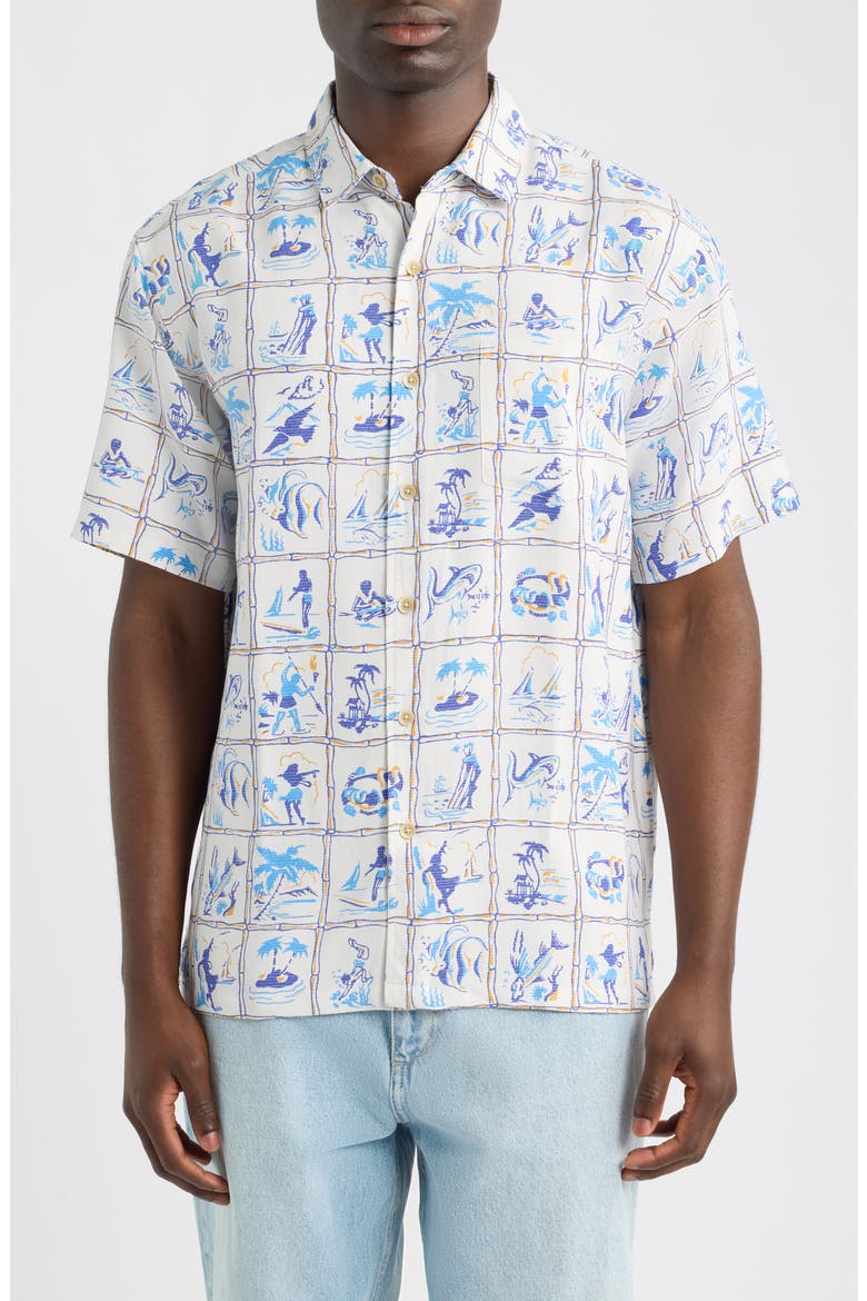 Island Scenes Short Sleeve Button-Up Shirt, Main, color, OFF WHITE