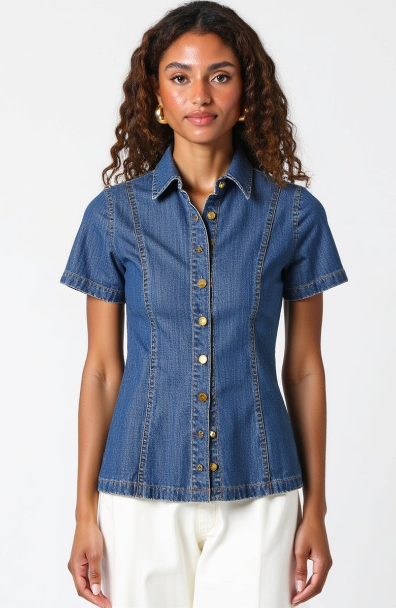 Modenaire Fitted Denim Short-Sleeve Button-Front Shirt, Alternate, color, Denim Blue