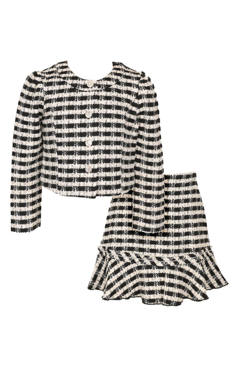 Zunie Kids Bouclé Jacket & Skirt Set, Main, color, Black/ Ivory