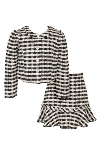 Zunie Kids' Plaid Bouclé Knit Jacket & Skirt Set In Multi