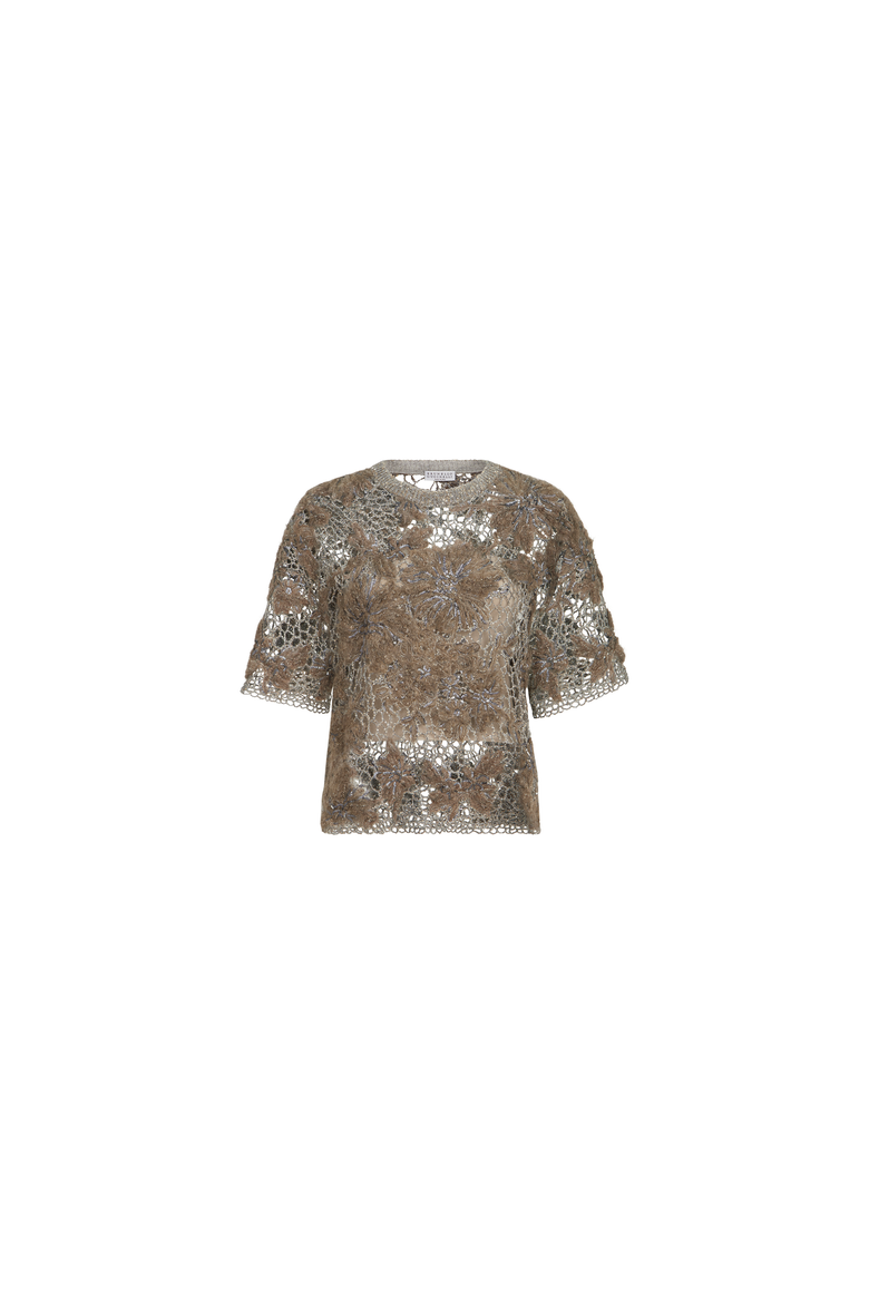 Whispering bloom embroidery knit t-shirt in sparkling mohair and wool, Alternate, color, Pine Cone Brown