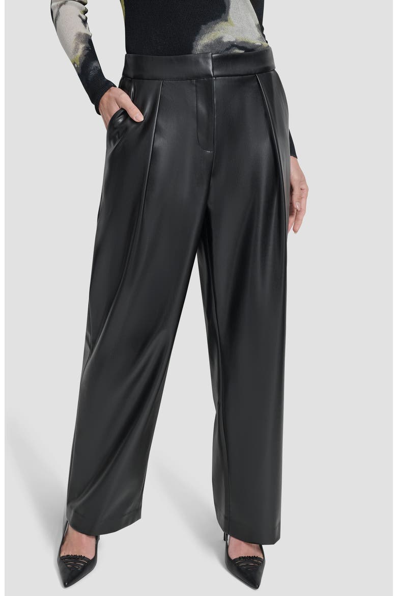 Pleated Faux Leather wide Leg Pants, Main, color, BLACK
