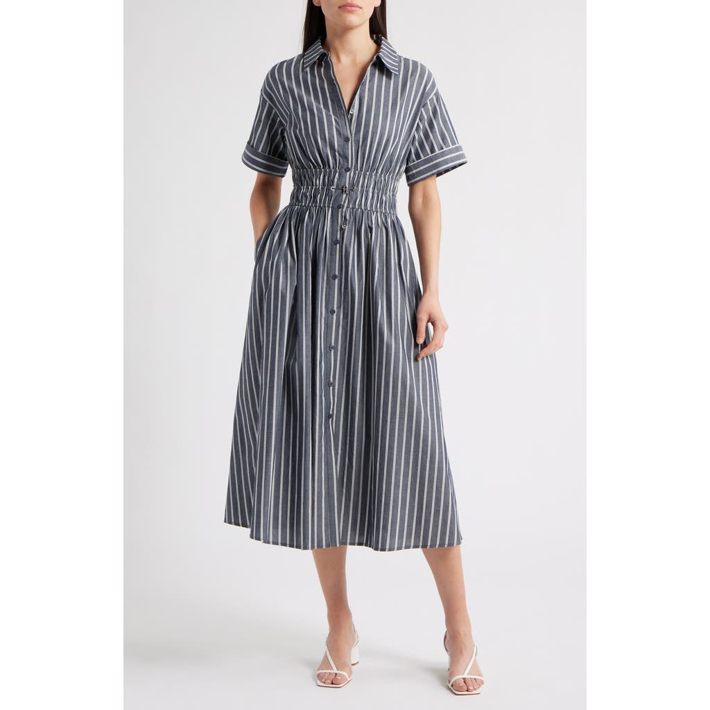 En Saison Stripe Cotton Midi Shirtdress In Gray