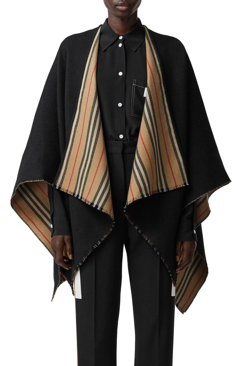 Icon Stripe Reversible Wool Cape, Main, color, BLACK/ ARC BEIGE