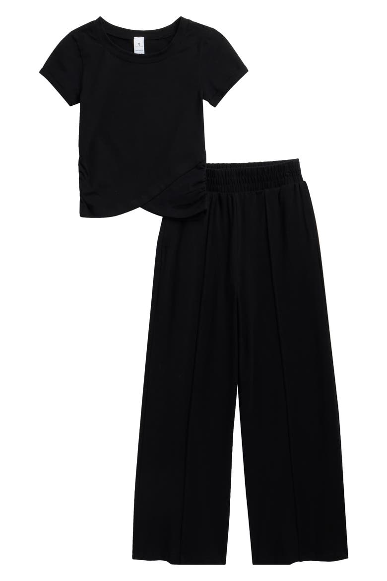 Kids' Lilan Jersey Wrap Top & Wide Leg Pants Set, Main, color, BLACK