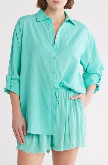 ELAN ELAN OVERSIZE LONG SLEEVE COVER-UP BUTTON-UP SHIRT 