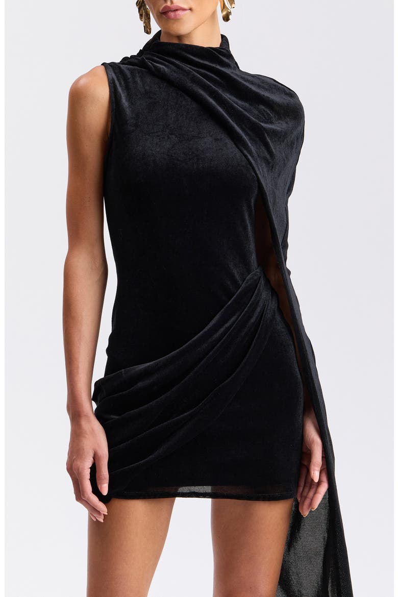 Mock Neck Minidress with Asymmetric Cape, Alternate, color, BLACK