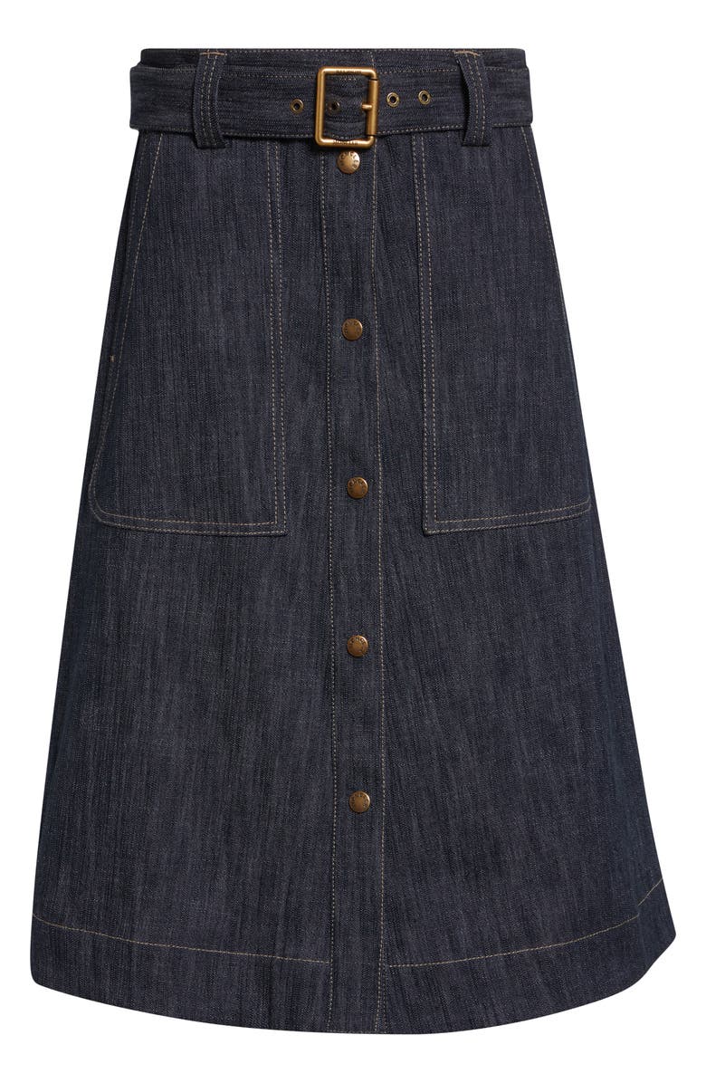 Moncler Belted Denim Midi Skirt, Alternate, color, Blue