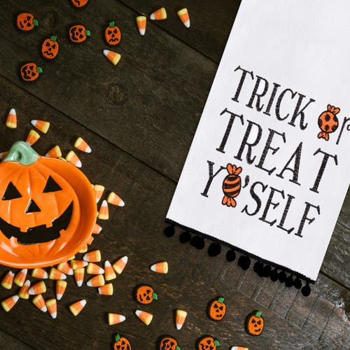C & F Home C&f Home Treat Yo'self Halloween Embroidered Cotton Flour Sack Kitchen Towel With Pom Poms Decor Dec In Multi