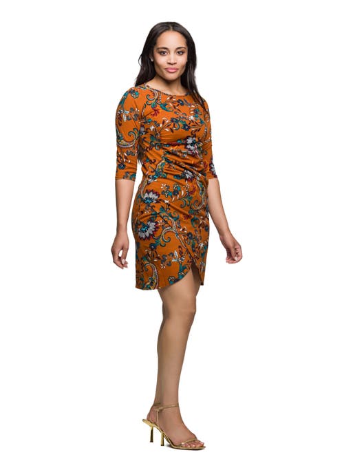 24seven Comfort Apparel Plus Size Elbow Sleeve Ruched Tulip Fall Print Mini Dress In Orange