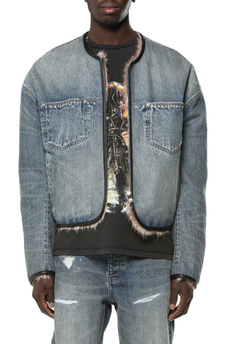 Reversible Faux Fur Denim Jacket, Main, color, BLUE