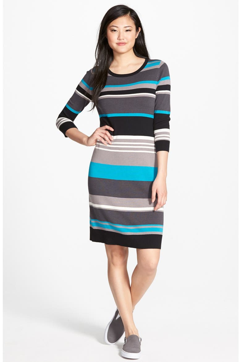 Three-Quarter Sleeve Sweater Dress, Main, color, BLACK- TEAL STRIPE