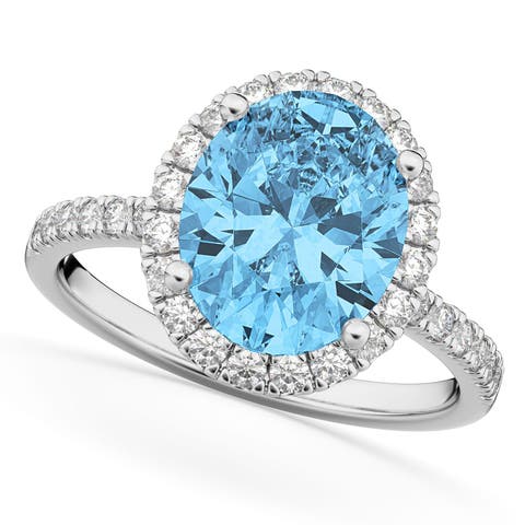 Oval Cut Halo Blue Topaz & Diamond Engagement Ring 14K