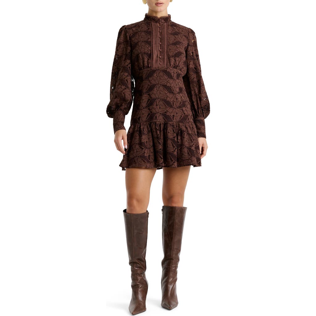 Bardot Remy Long Sleeve Lace Minidress In Brown
