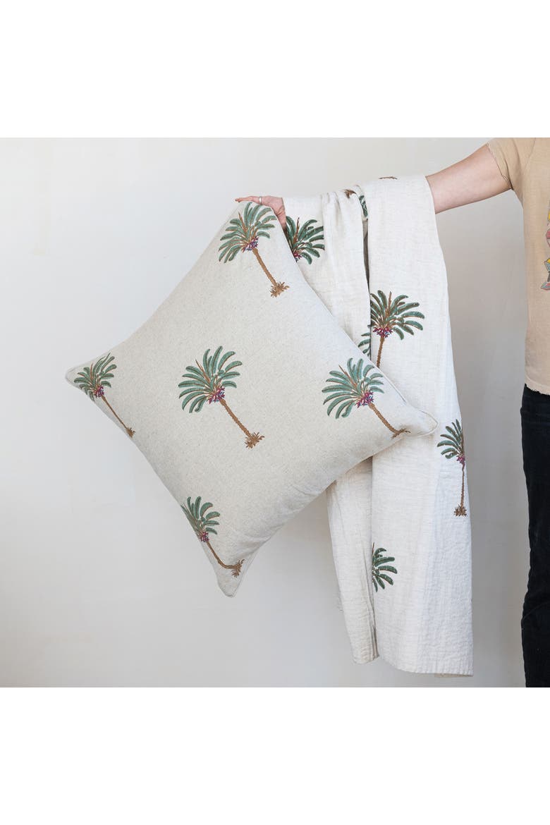 Cotton Linen Blend Block Printed Pillow with Palm Trees, Natural, Green and Brown, Alternate, color, Natural