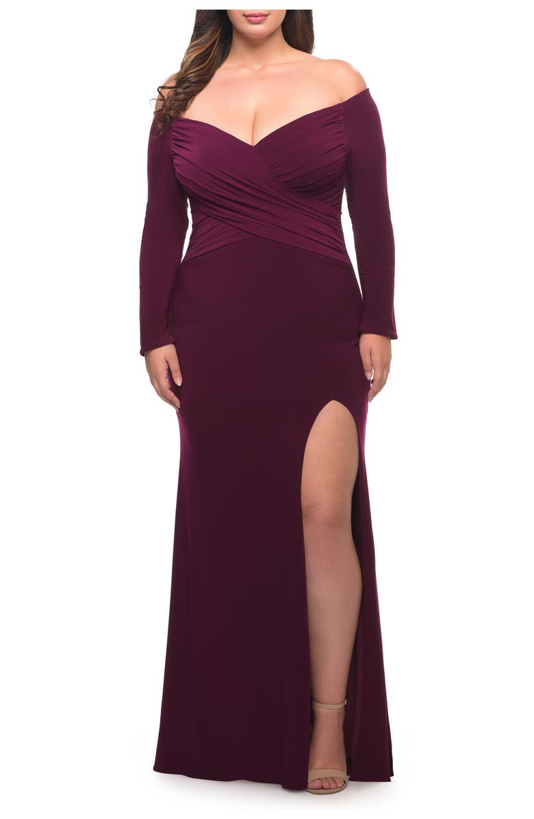 La Femme Long Sleeve Off the Shoulder Plus Size Gown, Main, color, Dark Berry