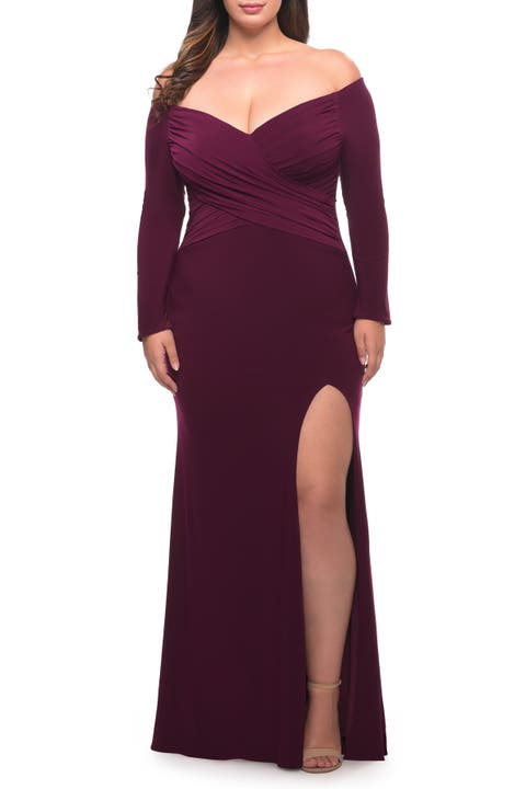 Long Sleeve Off the Shoulder Plus Size Gown